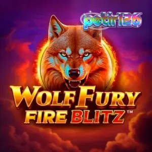 Tampilan antarmuka permainan slot Wolf Fury Fire Blitz dengan tema serigala dan api.